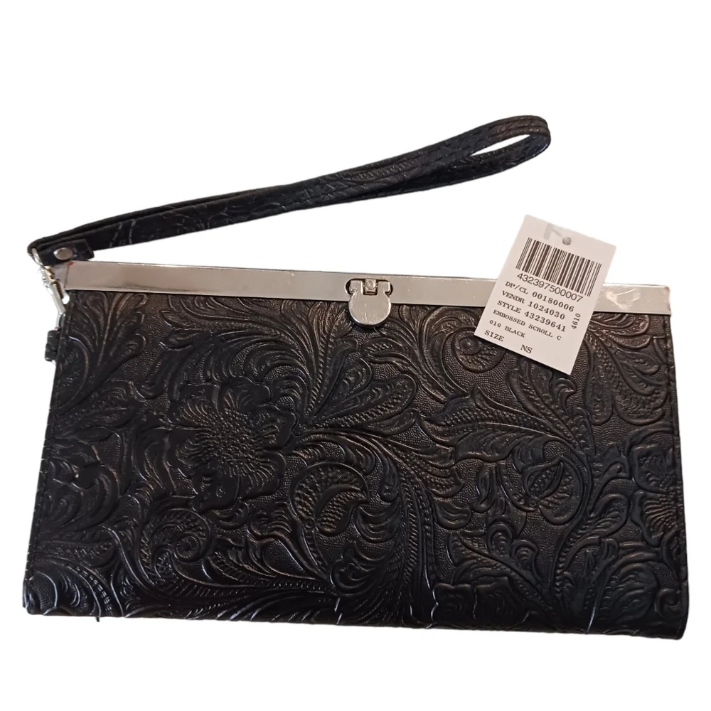 Womens Vegan Leather Wallet Embossed NWT Floral Black Wristlet Clutch Western